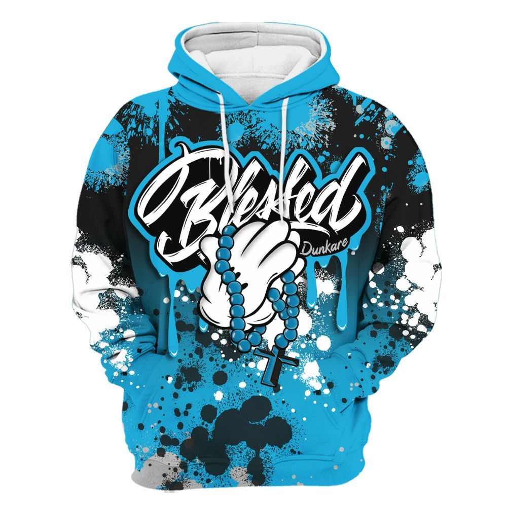 Hoodie To Match Black University Blue 2026 14s - God Blessed Ink Drip All Over Print