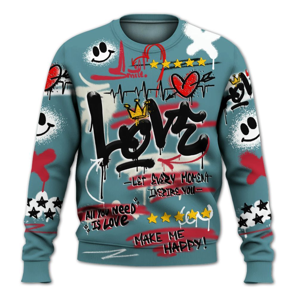 Sweatshirt To Match Dunk Low Denim Turquoise Royal - Happy Love Beats Graffiti Streetwear All Over Print