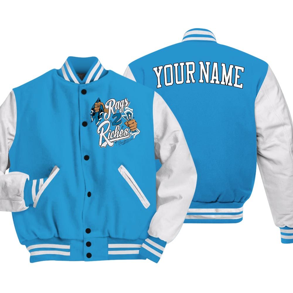 Varsity Jacket To Match Varsity Streetwear Custom Name Rag 2 Riches, Powder Blue 9s T-Shirt, Sneaker Powder Blue 9s Baseball Varsity Jacket 1604 NCT