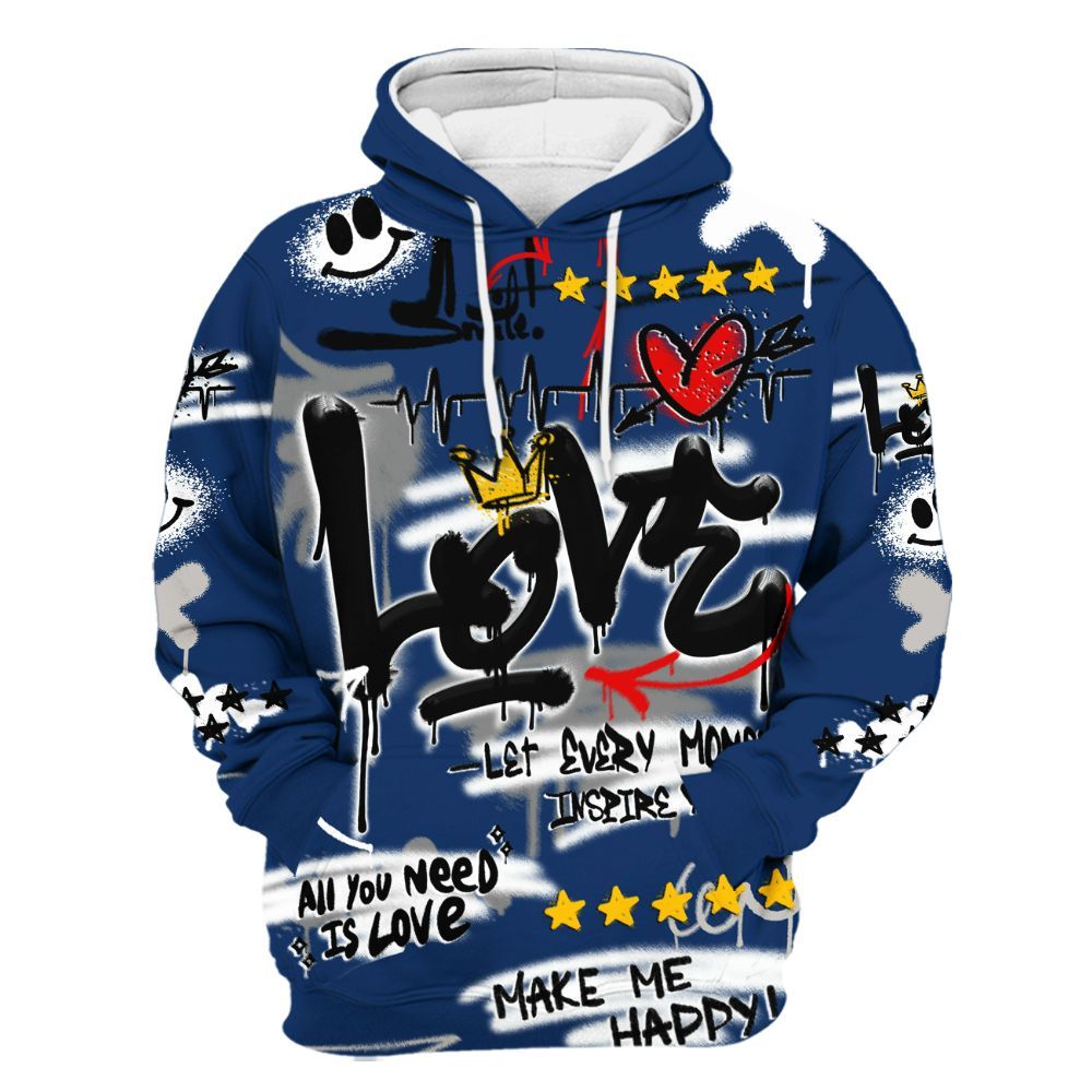 Hoodie To Match High OG Deep Royal Blue 1s - Happy Love Beats Graffiti Streetwear All Over Print