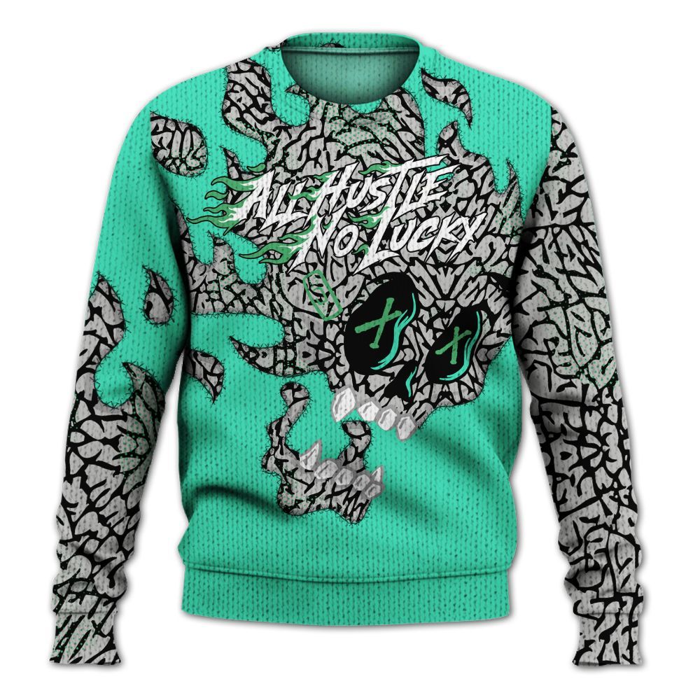 Knitted Sweater To Match Black Green Glow 3s - All Hustle No Lucky Skull Green Glow 3s