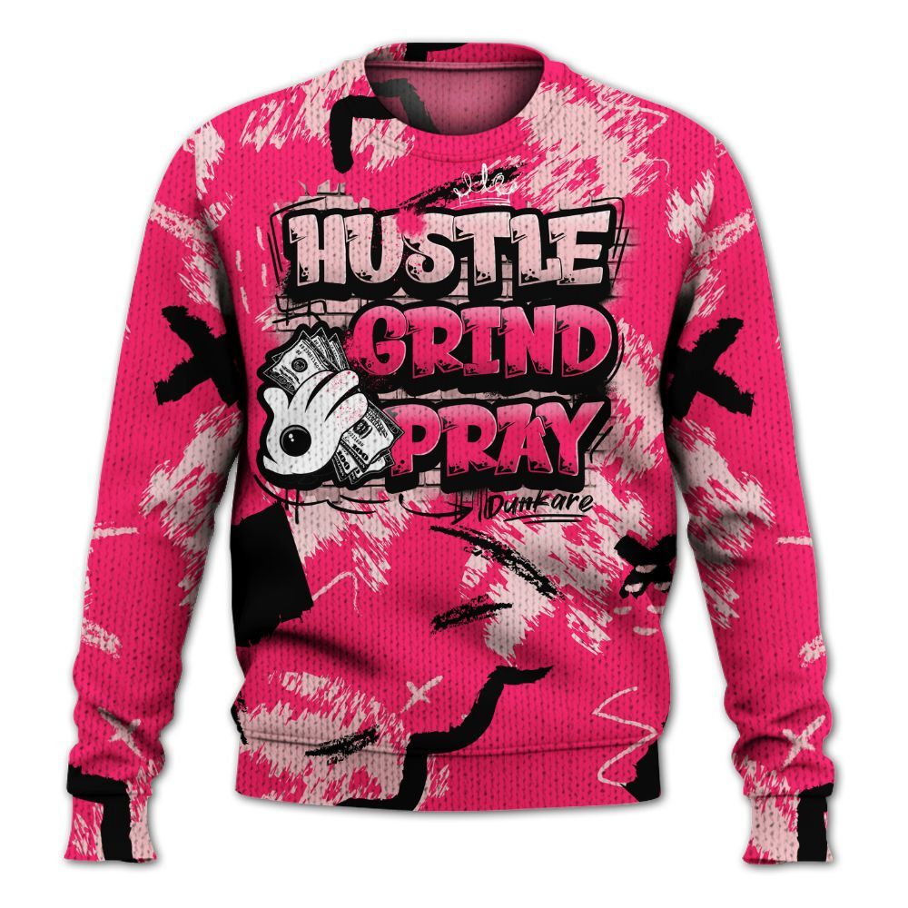 Sweater To Match A'One Hyper Pink Shirt, Hustle Grind Pray Retro Graphic