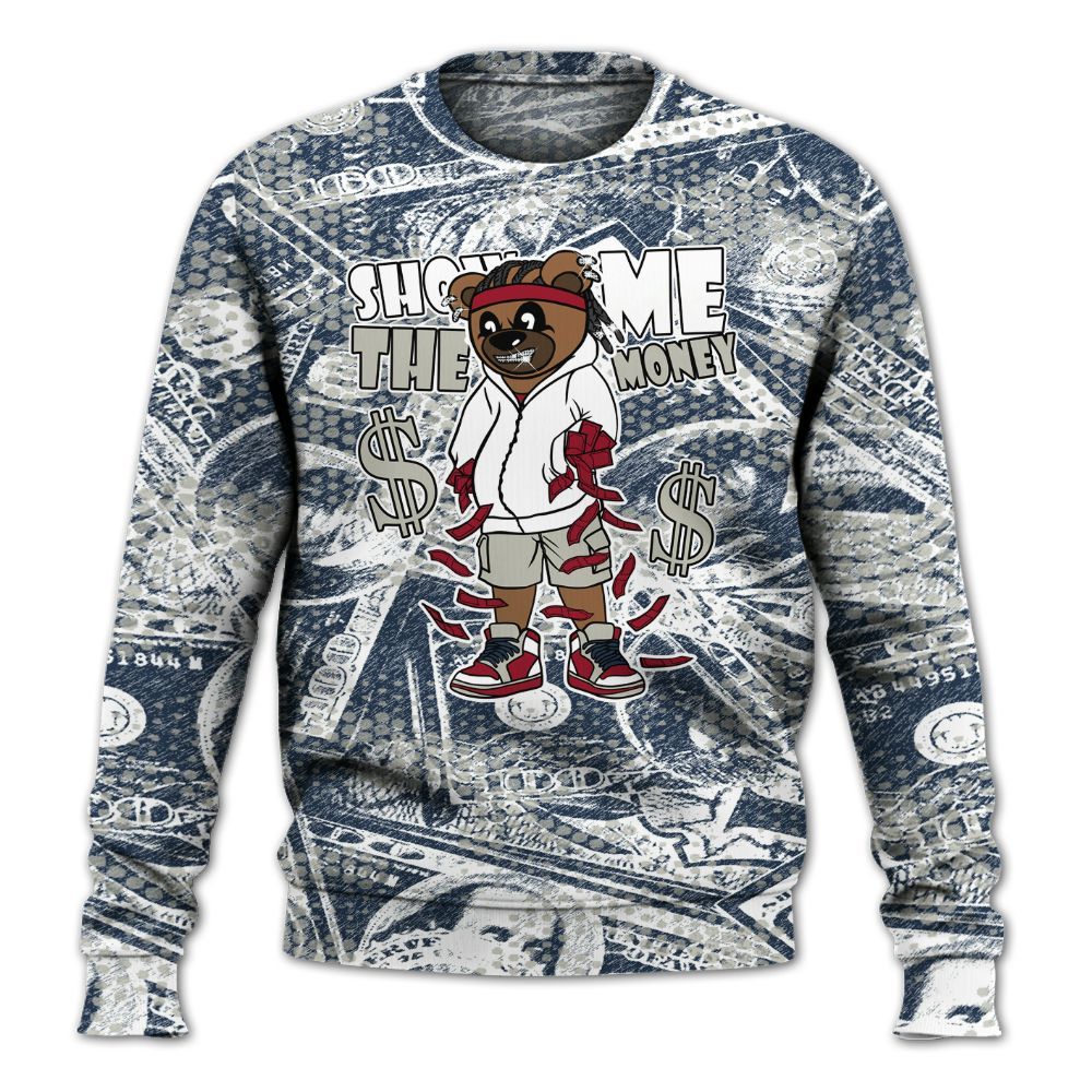 Sweatshirt To Match White Midnight Navy 6s - Show Me Bear Banknotes Art All Over Print