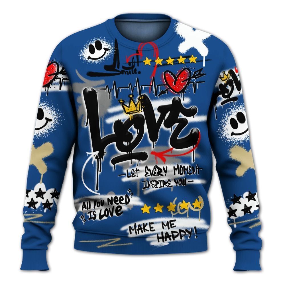 Sweatshirt To Match Air Ship Royal Blue - Happy Love Beats Graffiti Streetwear All Over Print