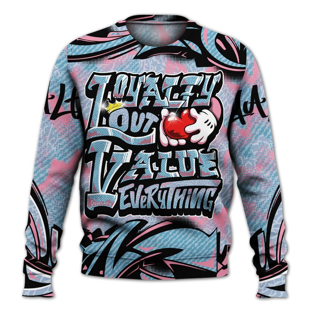 Sweatshirt To Match Denim Pink Glow 3s - Loyalty Out Value Graffiti All Over Print