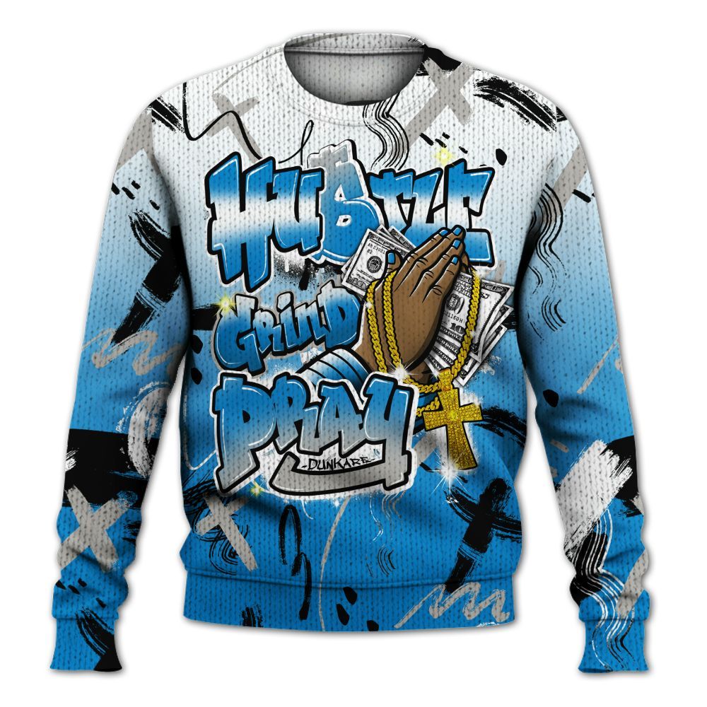 Knitted Sweater To Match Industrial Blue 4s - Money Hustle Grind Pray
