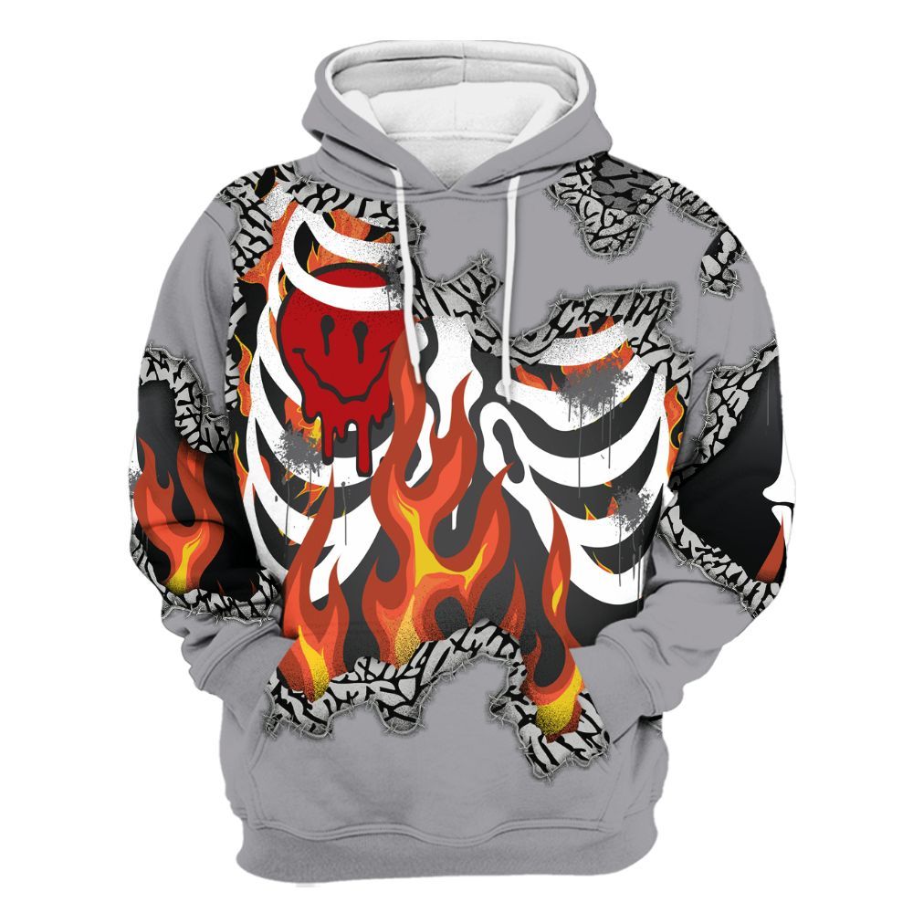 Hoodie To Match Cement Grey 3s - Skeleton On Fire Skrrt All Over Print