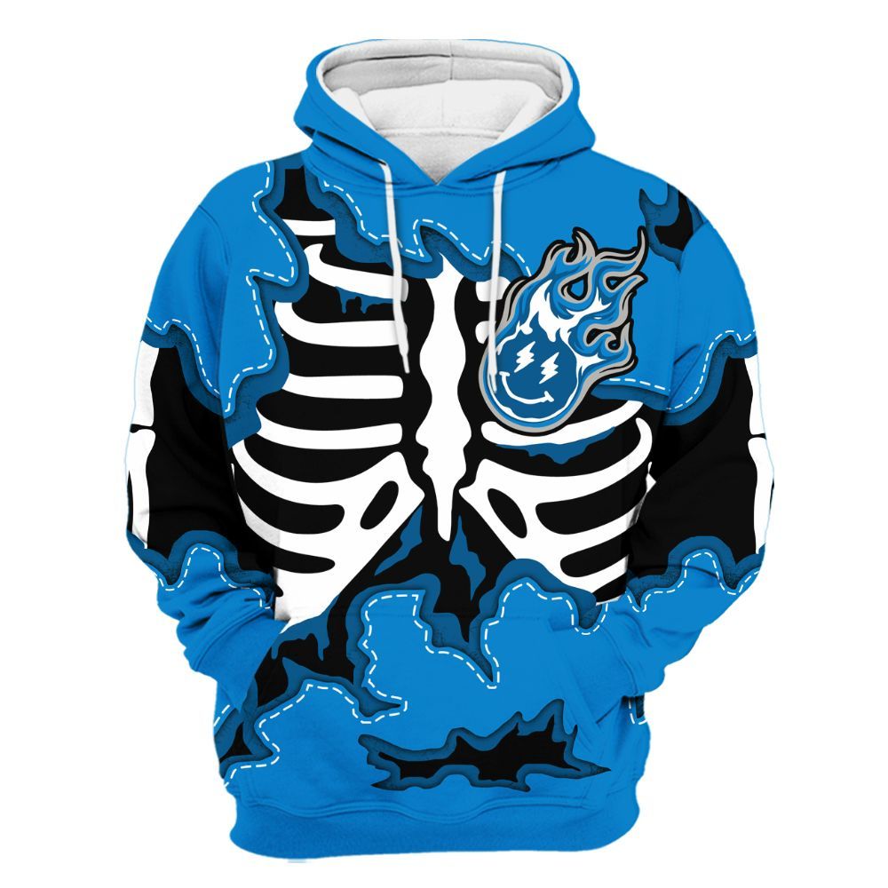 Hoodie To Match Industrial Blue 4s - Skeleton Smiley Face Military Blue 4s All Over Print