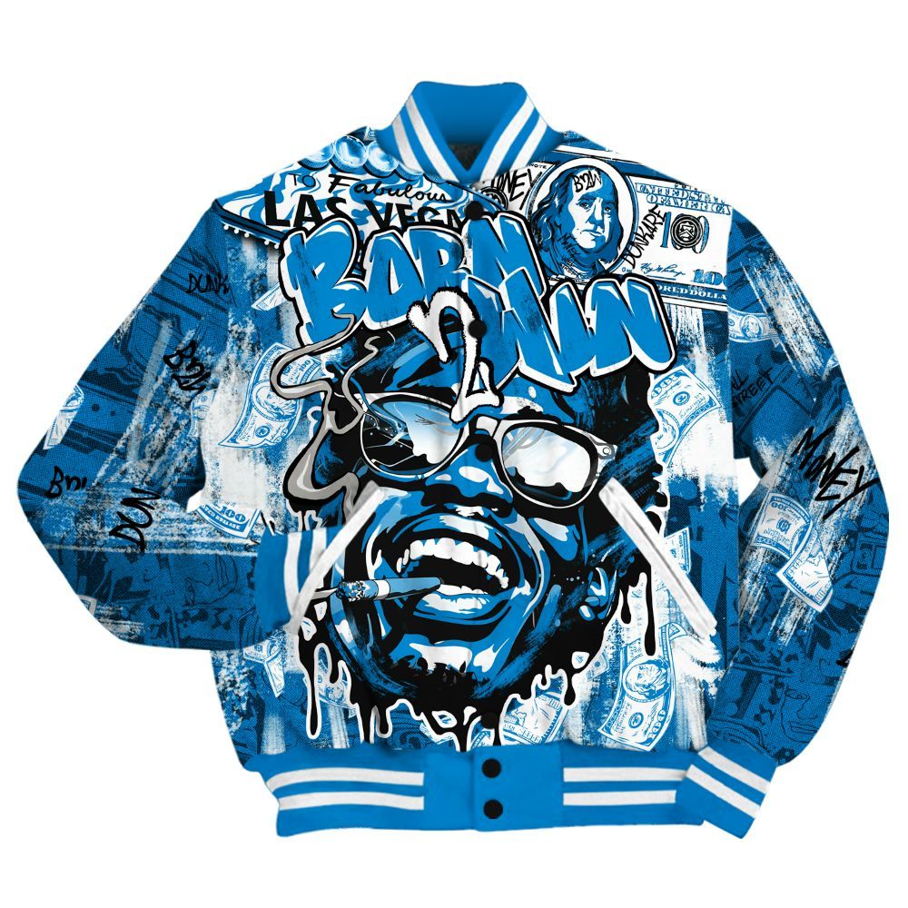 Varsity Jacket To Match Industrial Blue 4s Shirt, Born To Win Money Military Blue 4s All Over Print