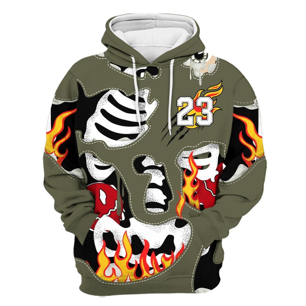 Hoodie To Match Travis Scott Low OG Medium Olive 1s - Skeleton Smile Flame Drip All Over Print