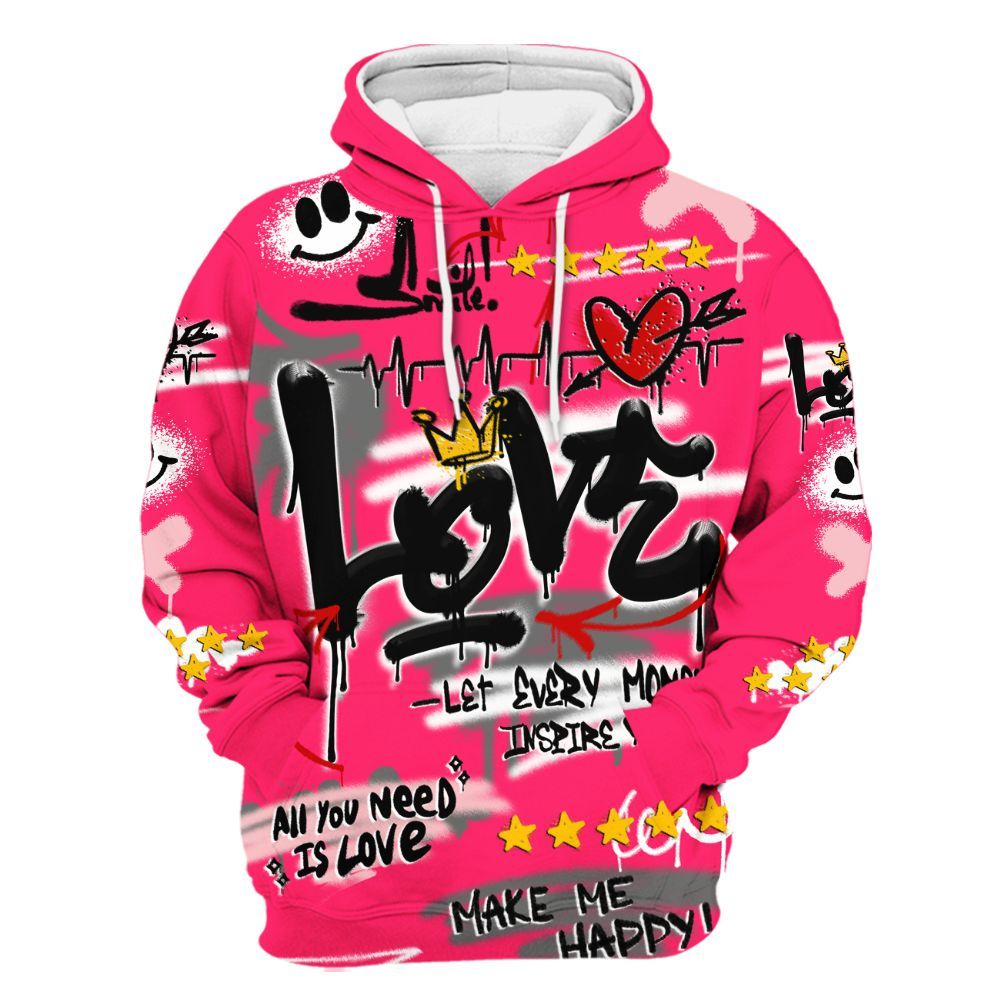 Hoodie To Match A'One Hyper Pink Shirt, Happy Love Beats Graffiti Streetwear All Over Print