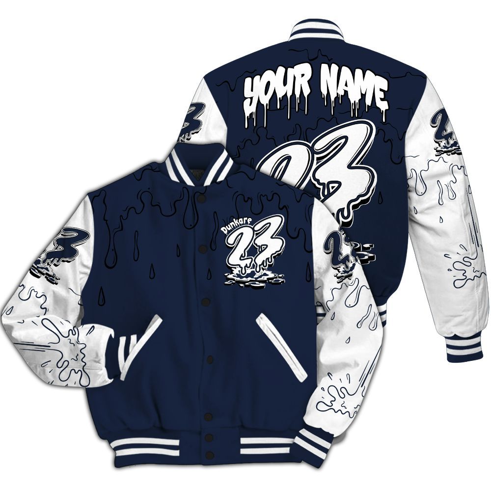 Varsity Jacket To Match Dunk Low White Midnight Navy - Custom Name 23 Drip All Over Print
