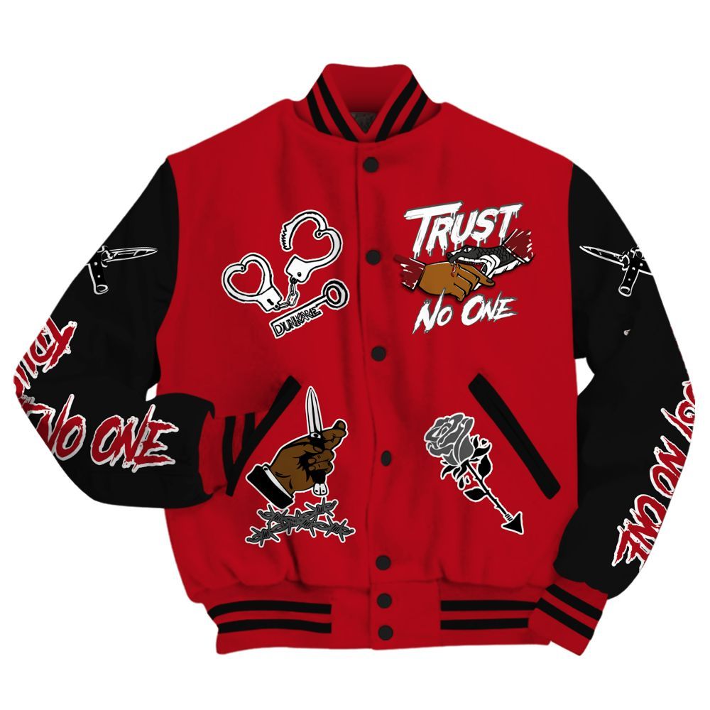 Varsity Jacket To Match Bred Velvet 11s - Trust No One Dripping All Over Print