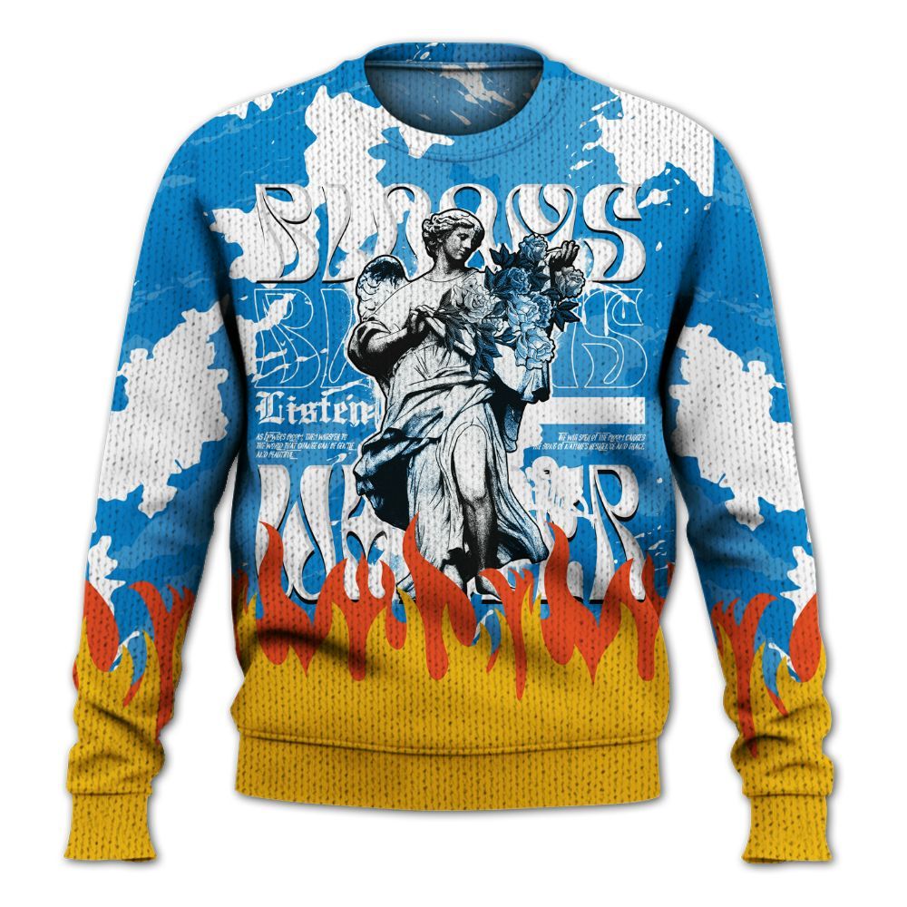 Knitted Sweater To Match Industrial Blue 4s - Blooms Whisper Retro Military Blue 4s Outfit