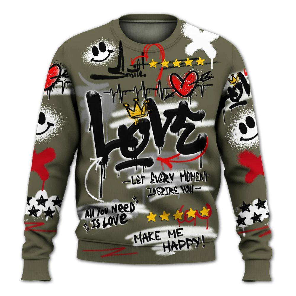 Sweatshirt To Match Low OG Medium Olive 1s - Happy Love Beats Graffiti Streetwear All Over Print