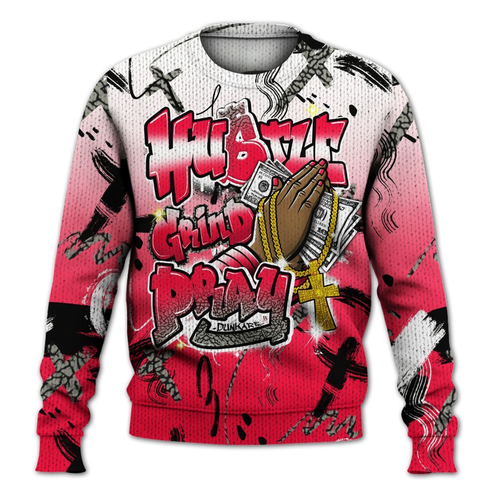 Knitted Sweater To Match Retro Fire Red 3s - Money Hustle Grind Pray