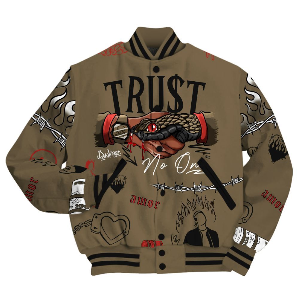 Varsity Jacket To Match Olive 9s Shirt, Snake Trust No One All Over Print