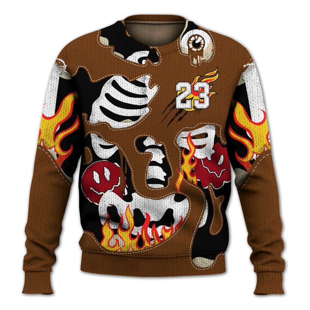 Knitted Sweater To Match Archaeo Brown 5s - Skeleton Smile Flame Drip