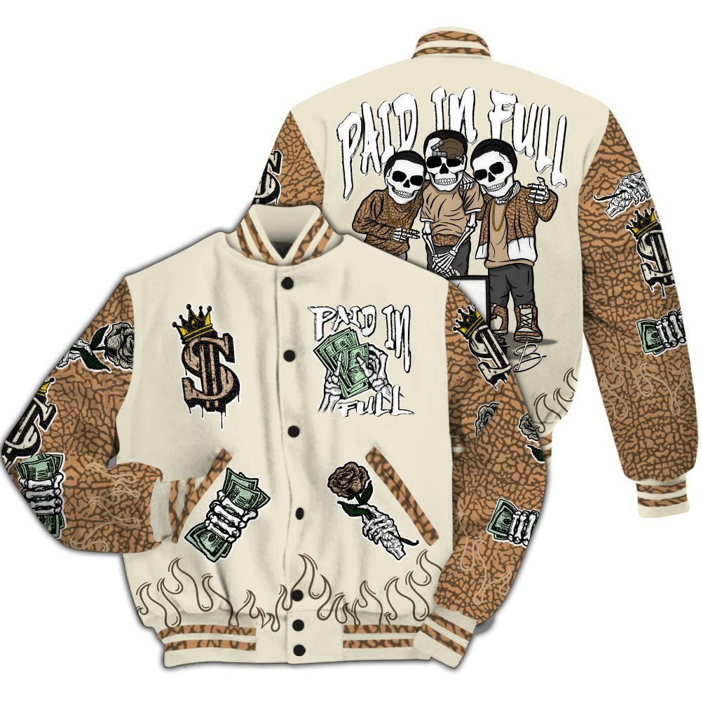 Varsity Jacket To Match Orewood Brown 3s - Fire Everybody Paid In All Over Print