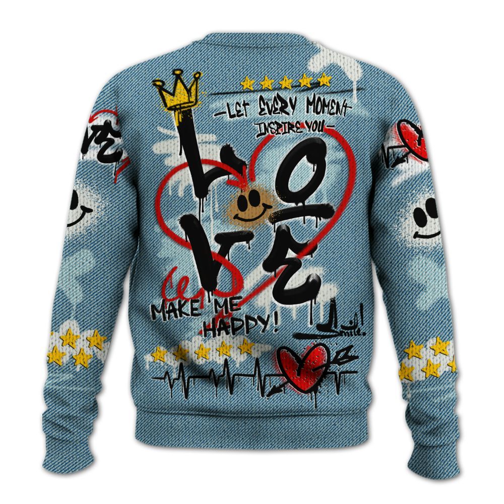 Sweater To Match Denim Worn Blue 2025 4s - Happy Love Beats Graffiti Streetwear Graphic