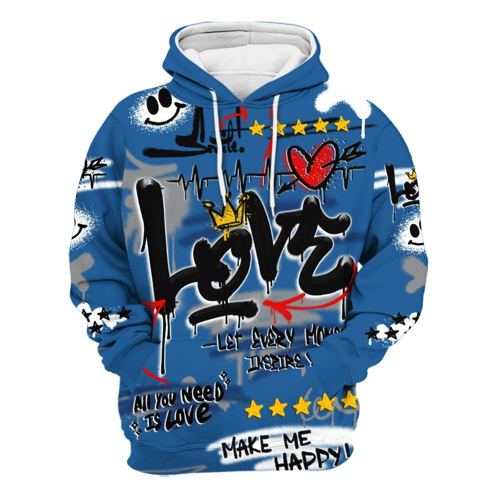 Hoodie To Match French Blue 13s - Happy Love Beats Graffiti Streetwear All Over Print