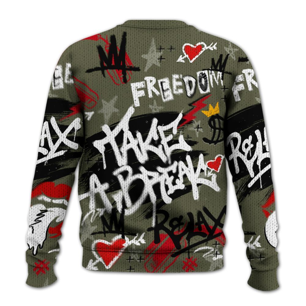 Knitted Sweater To Match Low OG Medium Olive 1s - Take Break Freedom Graffiti Streetwear
