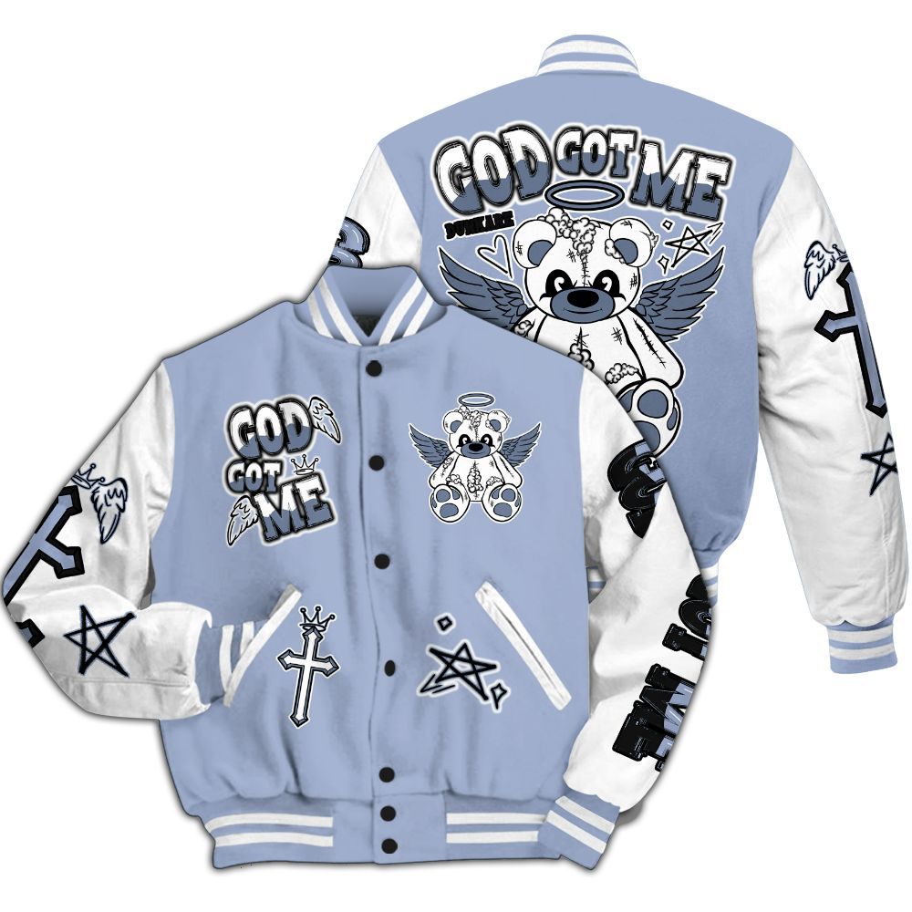Varsity Jacket To Match Retro Blue Grey 13s - Gods Guides Me Bear All Over Print