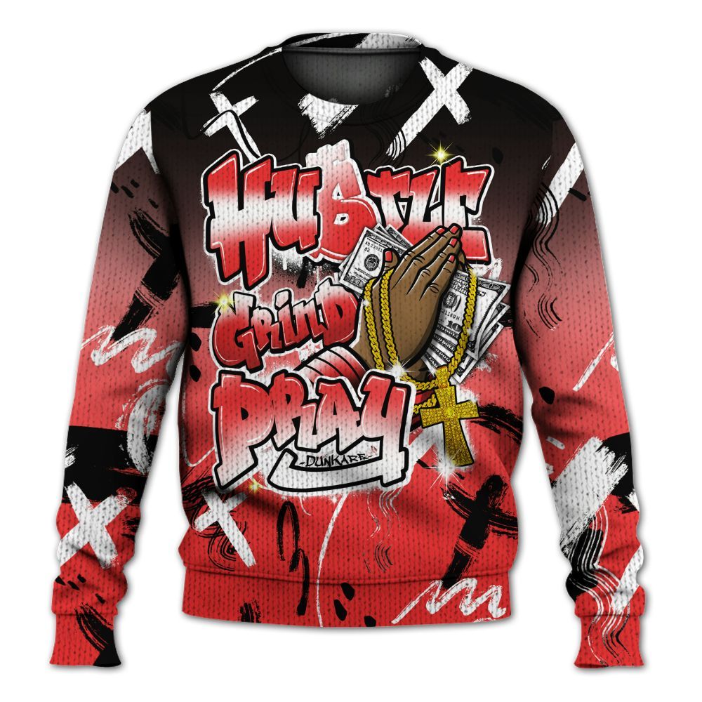 Knitted Sweater To Match Red Thunder 4s - Money Hustle Grind Pray