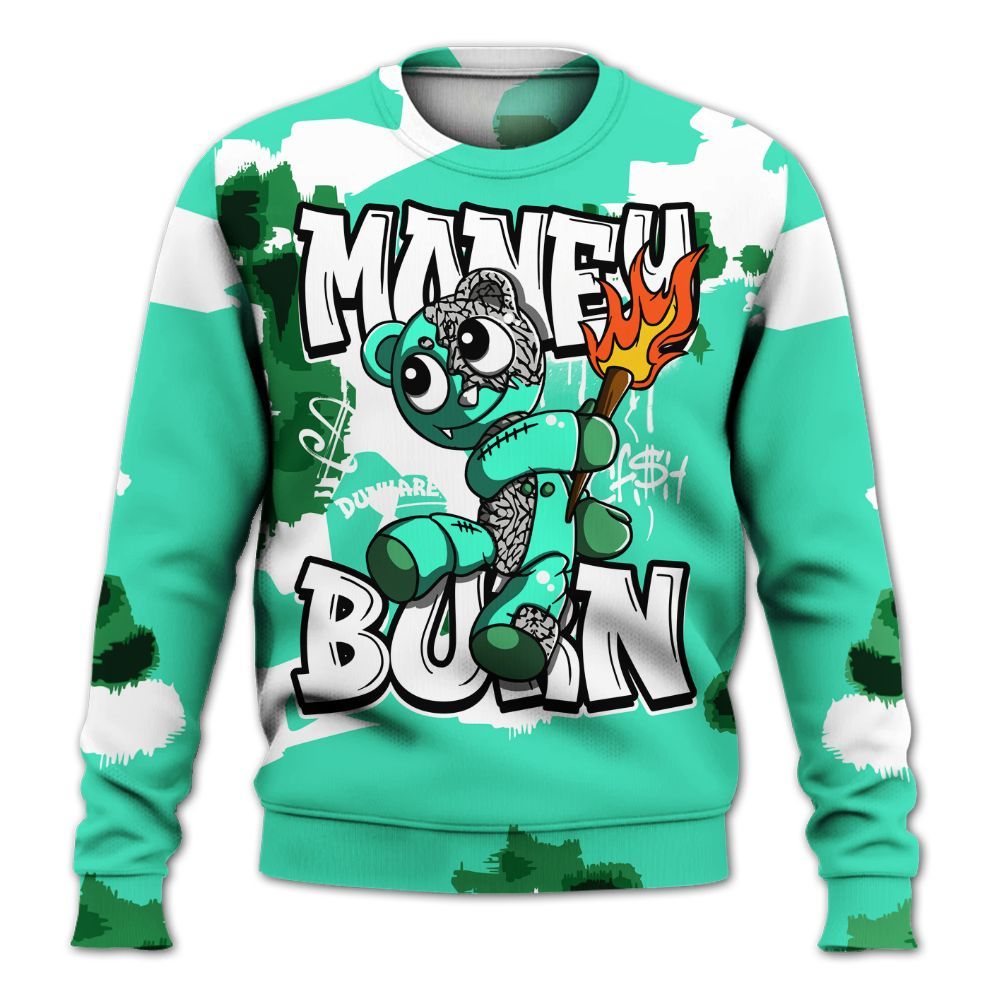 Sweatshirt To Match Black Green Glow 3s - Money Burn Retro Green Glow 3s Outfit All Over Print