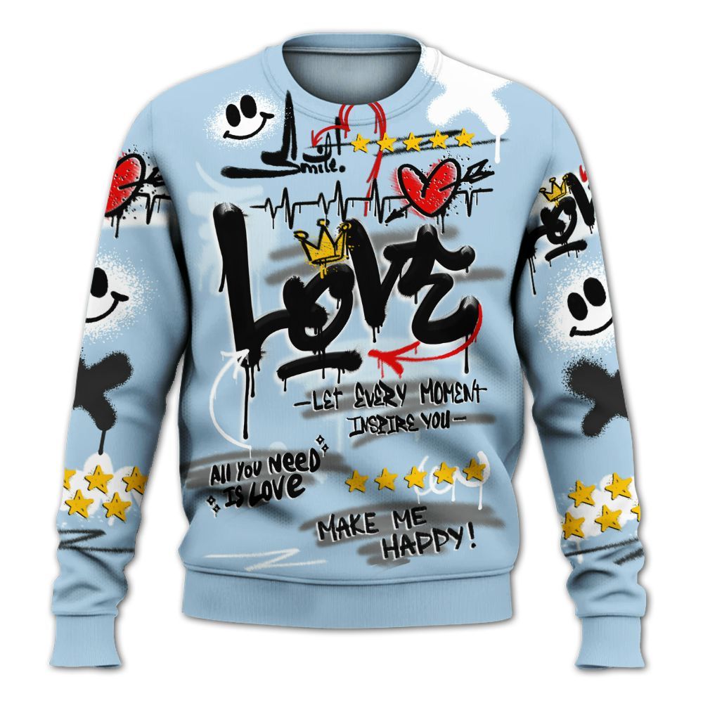 Sweatshirt To Match Foamposite One Psychic Blue - Happy Love Beats Graffiti All Over Print