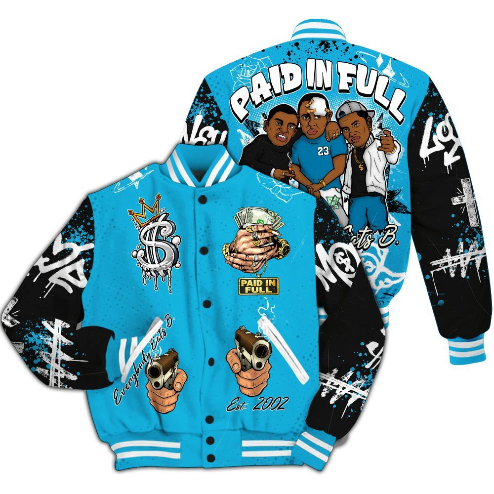 Varsity Jacket To Match Black University Blue 2026 14s - Everybody Paid In Full Crayon All Over Print