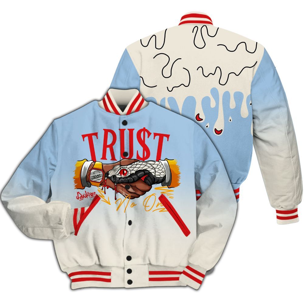 Varsity Jacket To Match Retro High OG Pale Ivory Psychic Blue 1s - Trust No One Drip All Over Print