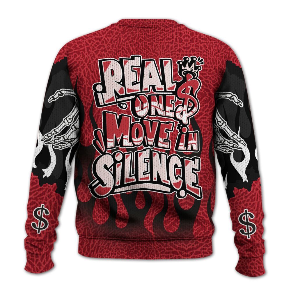 Knitted Sweater To Match High OG Varsity Red 1s - Ones Move In Silence Graphic Trapped