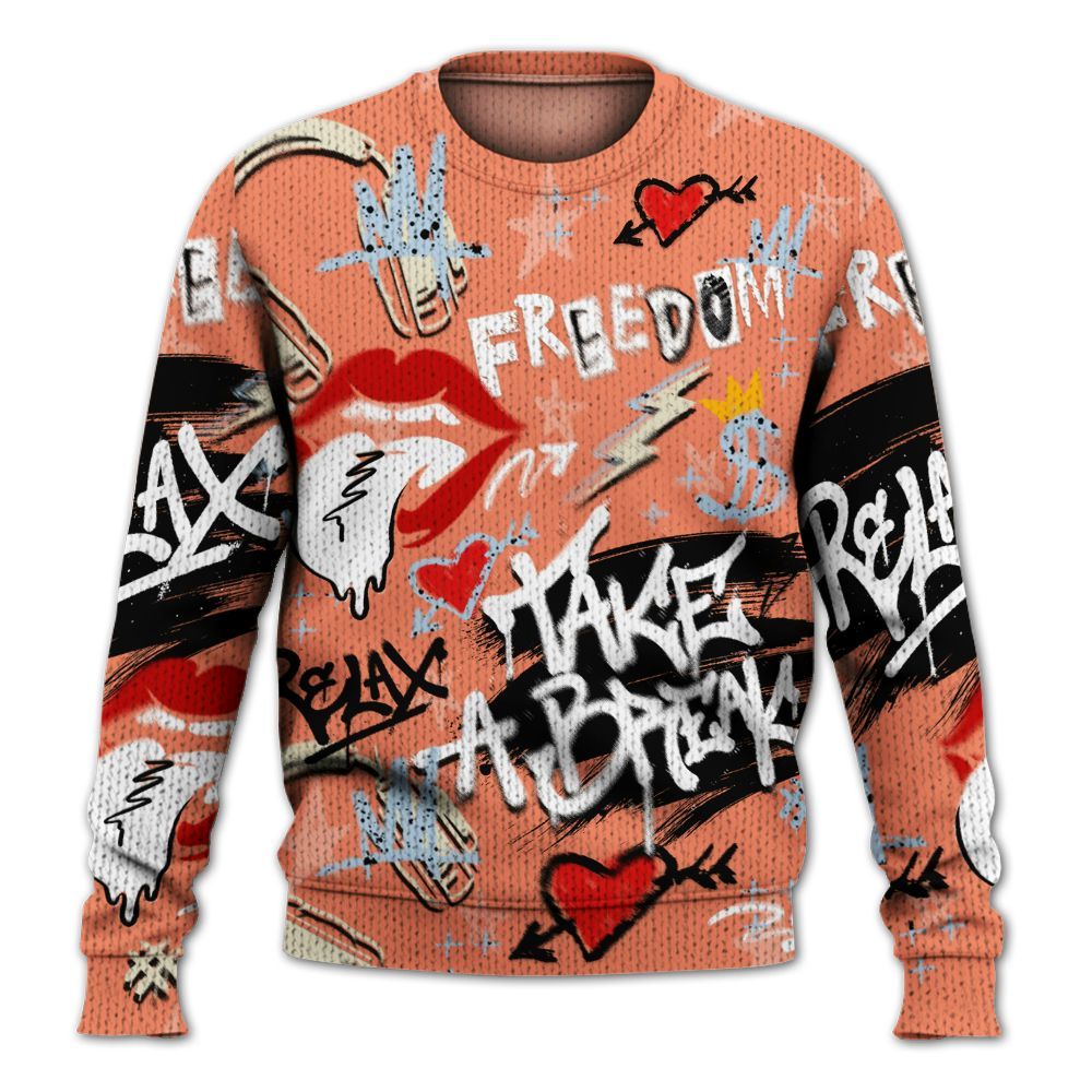 Knitted Sweater To Match DJ Khaled Crimson Bliss 5s - Take Break Freedom Graffiti Streetwear