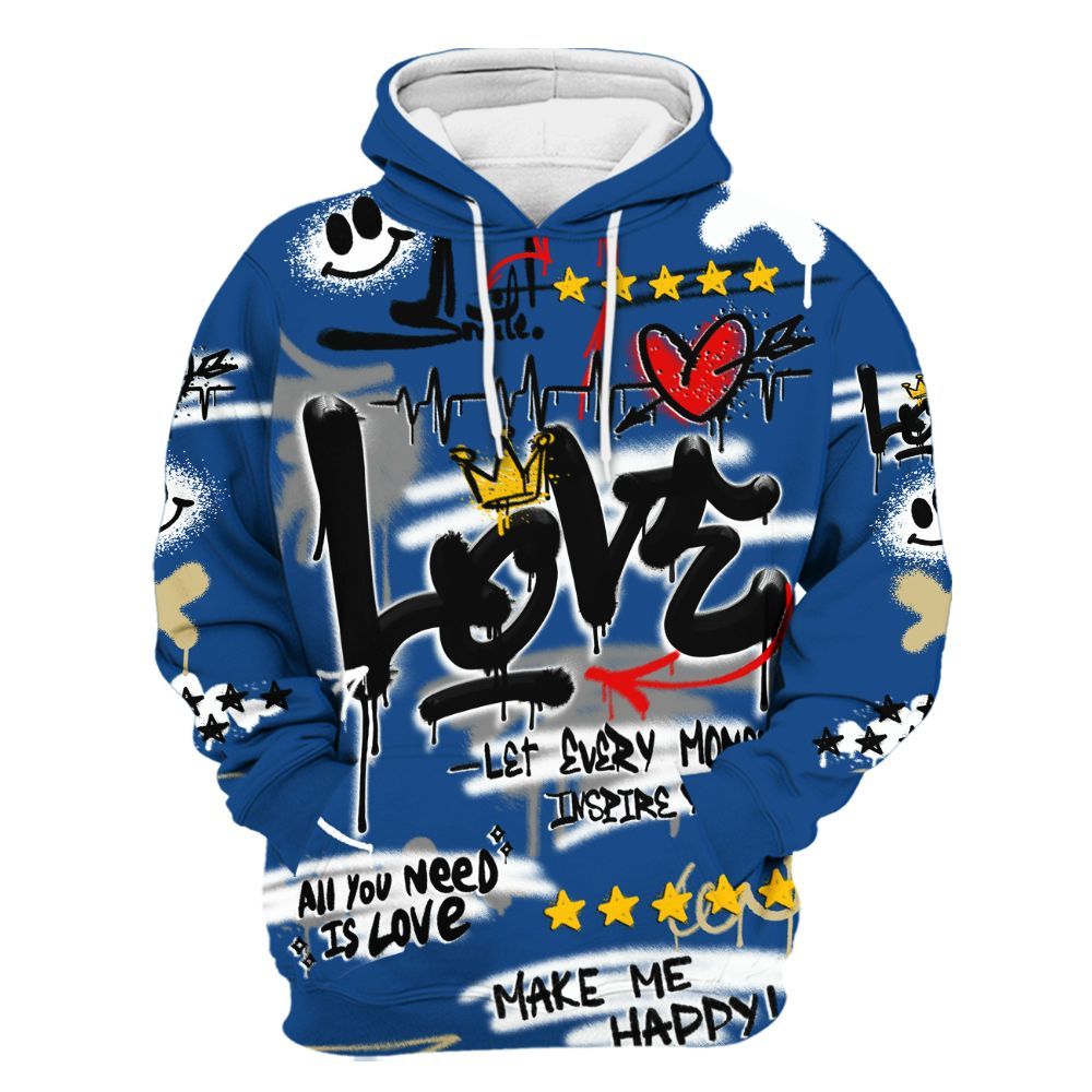 Hoodie To Match Air Ship Royal Blue - Happy Love Beats Graffiti Streetwear All Over Print