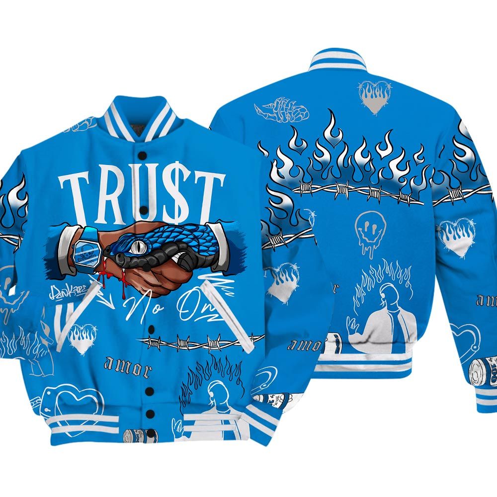 Varsity Jacket To Match Varsity Streetwear Snake Trust No One, Military Blue 4s T-Shirt, Sneaker Military Blue 4s Baseball Varsity Jacket 1604 NCT