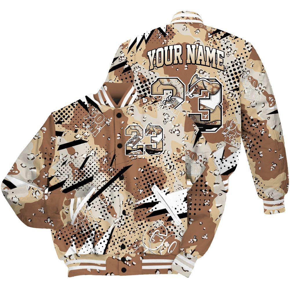 Varsity Jacket To Match Desert Camo 3s Shirt, Custom Name Number 23 5s All Over Print