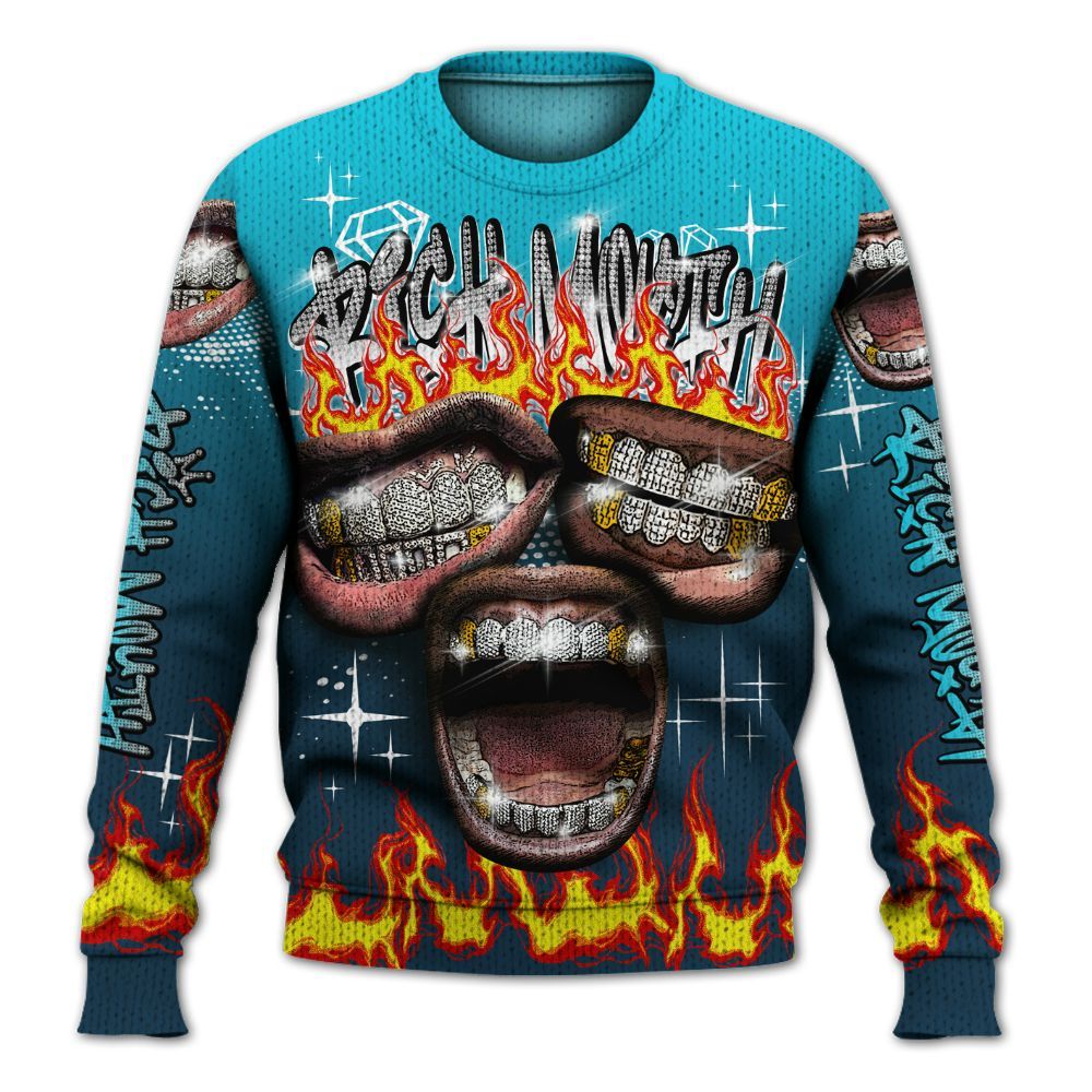 Knitted Sweater To Match Air Navy Baltic Blue - Rich Mouth Fire Rap Retro 90s