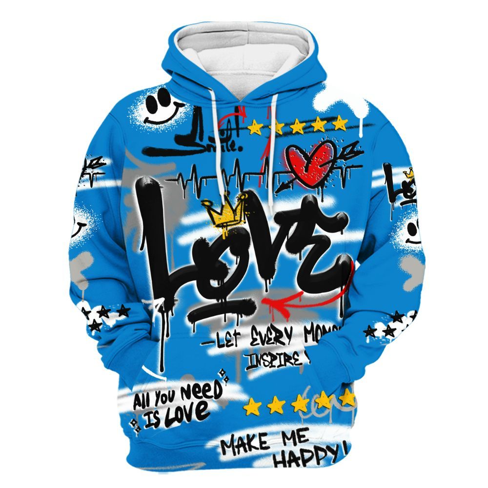 Hoodie To Match Industrial Blue 4s - Happy Love Beats Graffiti Streetwear All Over Print