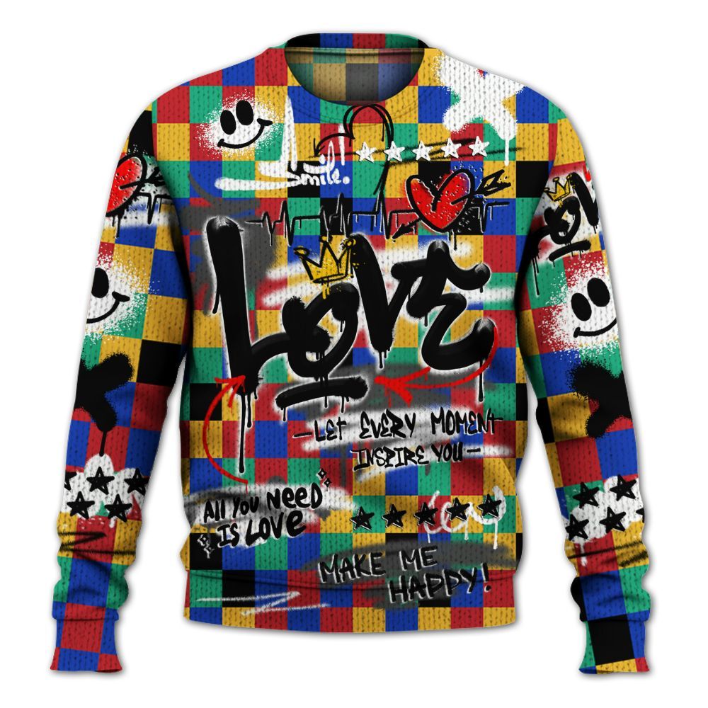 Knitted Sweater To Match Air Rainbow Weave - Happy Love Beats Graffiti Streetwear