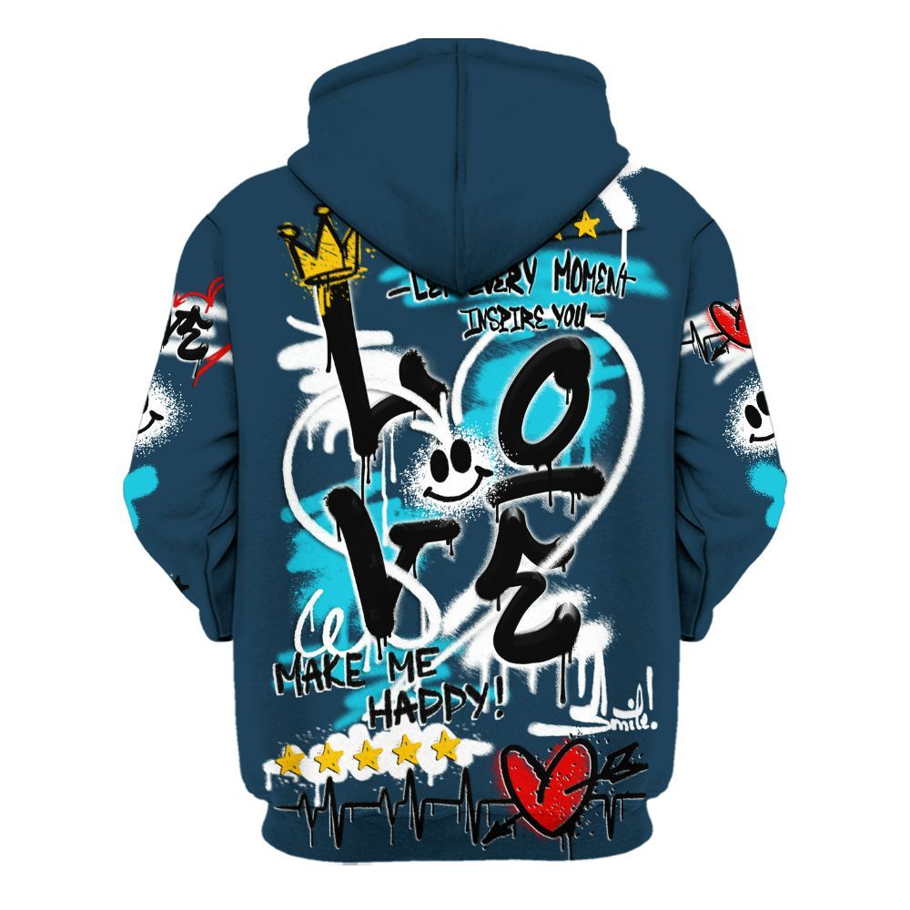 Hoodie To Match Air Navy Baltic Blue - Happy Love Beats Graffiti Streetwear All Over Print