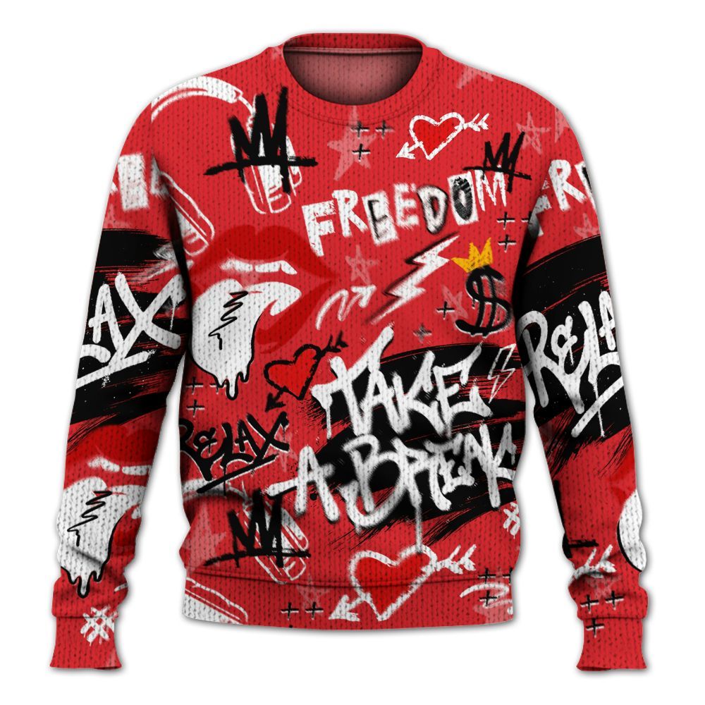 Knitted Sweater To Match Prime 93 Fire Red - Take Break Freedom Graffiti Streetwear