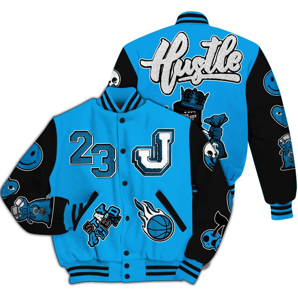 Varsity Jacket To Match Black University Blue 2022 13s - Hustles Money Number 23 All Over Print
