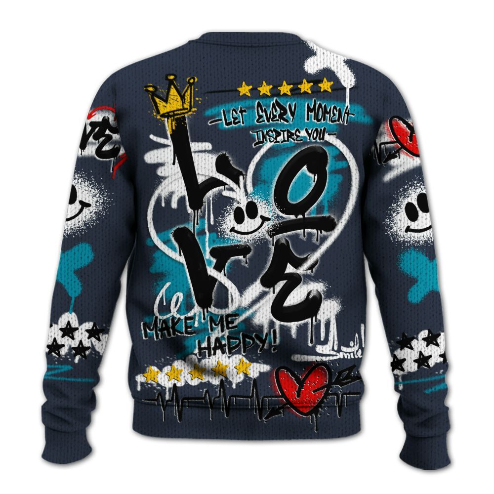 Knitted Sweater To Match Retro Obsidian 13s - Happy Love Beats Graffiti Streetwear