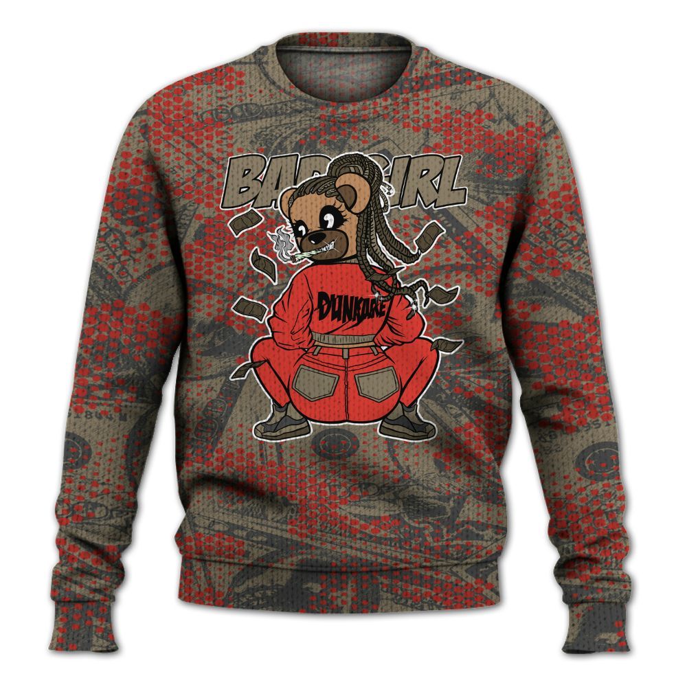 Knitted Sweater To Match Olive 9s - Rebellious Girl Bear Banknotes Art