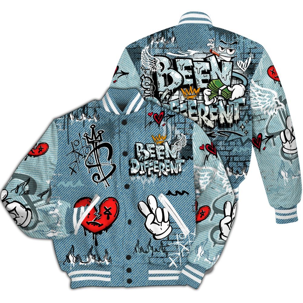Varsity Jacket To Match Denim Worn Blue 2025 4s - Been Dif2erent Drip Graffiti All Over Print