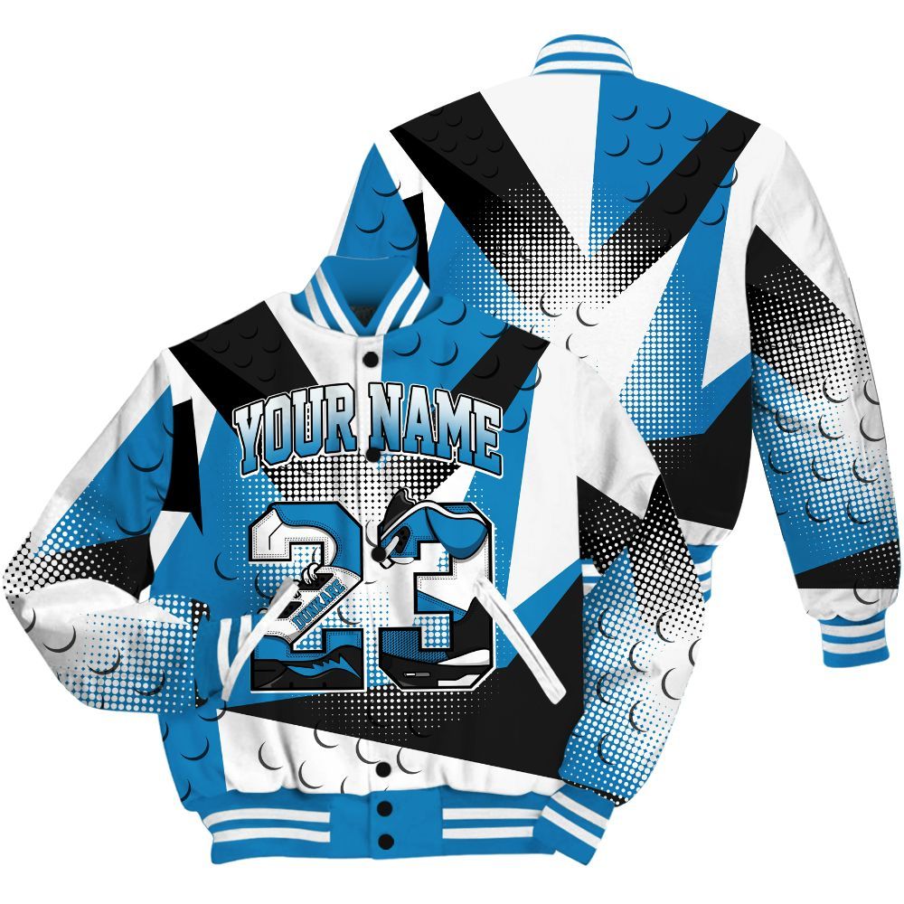 Varsity Jacket To Match Retro University Blue 9s Shirt, Poly Custom Name Number 23 5s All Over Print