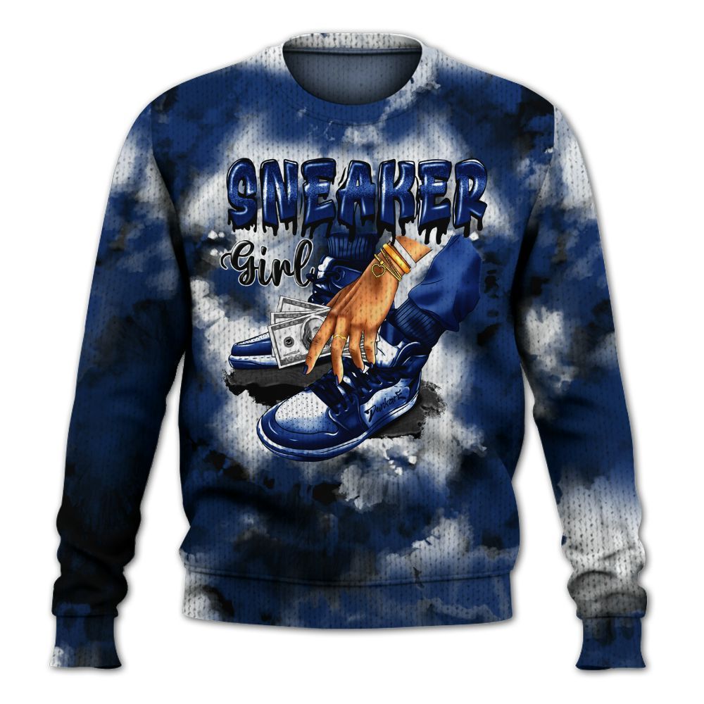 Knitted Sweater To Match High OG Deep Royal Blue 1s - SNEAKER Girl Money Drip Tie Dye