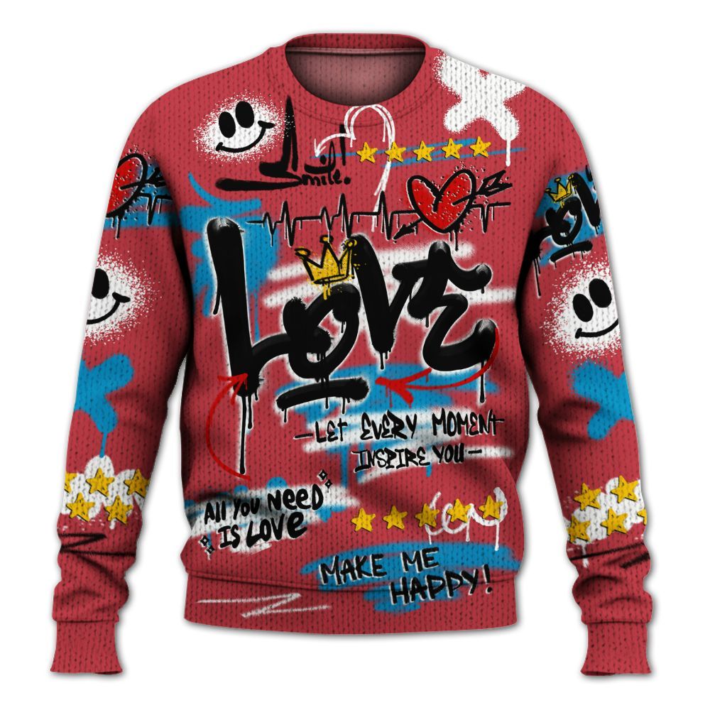Knitted Sweater To Match High OG University Red Dark Powder Blue 1s - Happy Love Beats Graffiti Streetwear