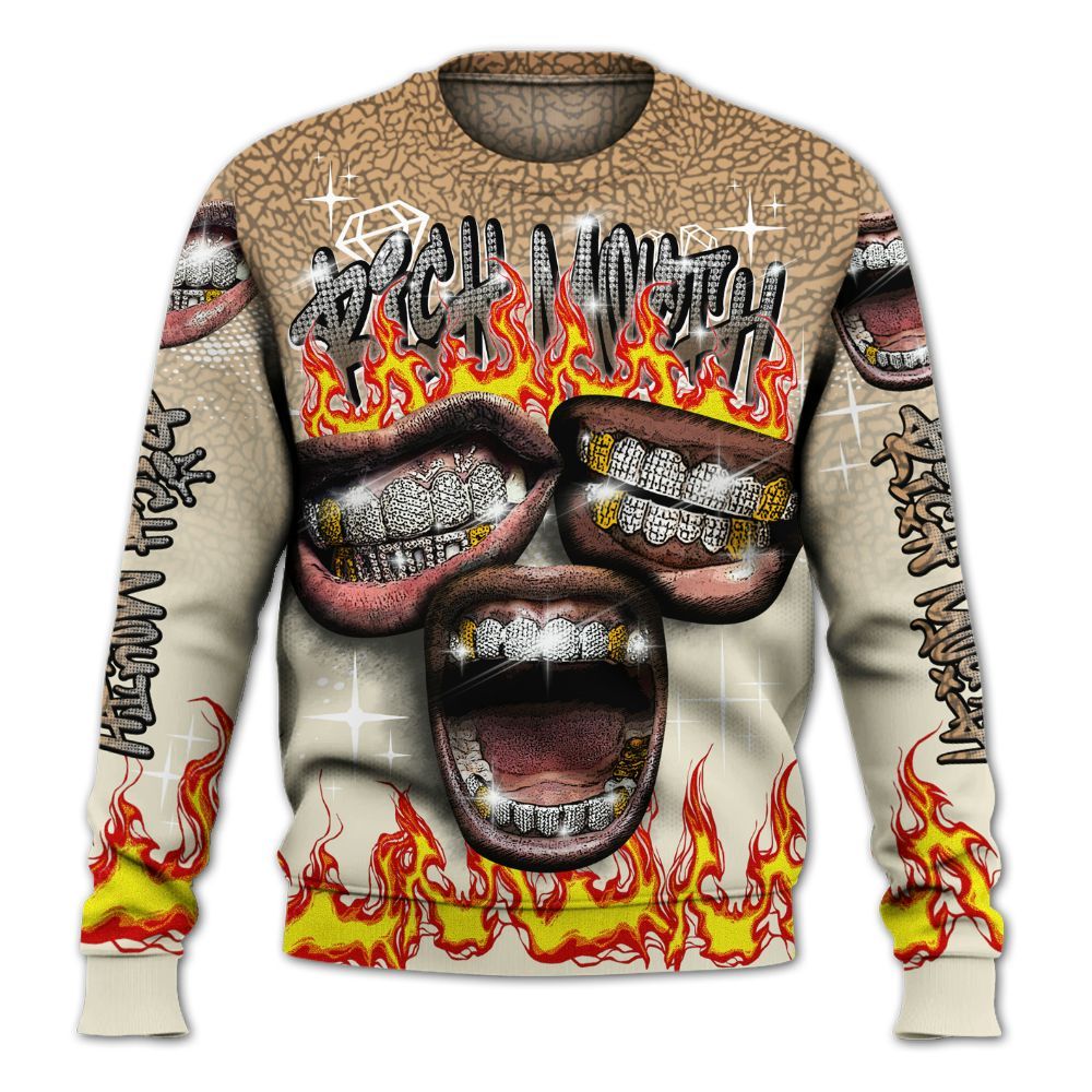 Sweatshirt To Match Orewood Brown 3s - Rich Mouth Fire Rap Retro 90s All Over Print